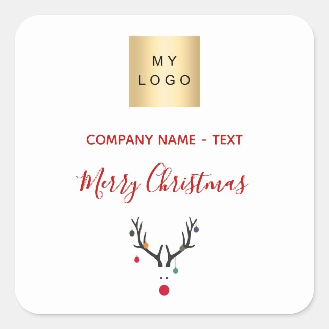 Christmas white red reindeer business logo square sticker (Front)