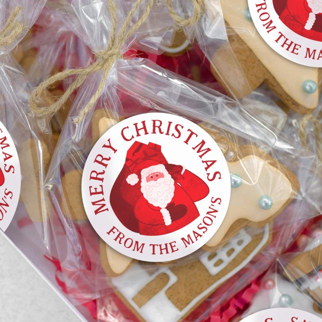 Christmas white red santa custom name classic round sticker (Creator Uploaded)