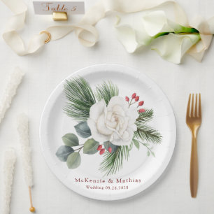 Christmas White Rose and Red Berries Pine Wedding Paper Plate