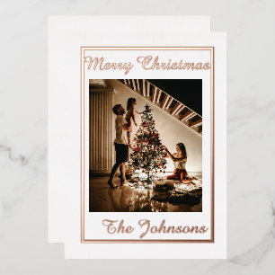 Christmas White Rose Gold Simple Modern Photo  Foil Holiday Card