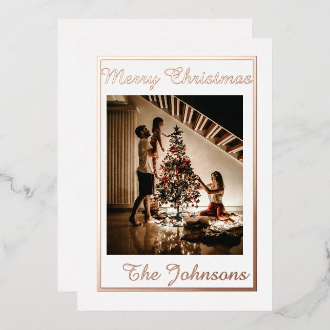Christmas White Rose Gold Simple Modern Photo  Foil Holiday Card (Front/Back)