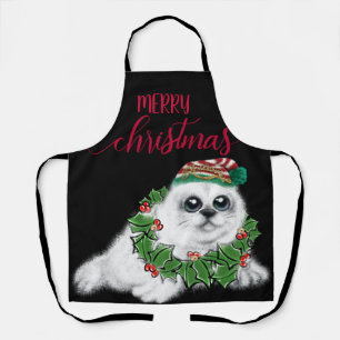 Christmas white seal pup, festive Arctic animal  Apron