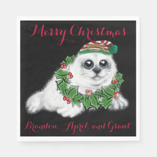 Christmas white seal pup, festive Arctic animal   Napkin