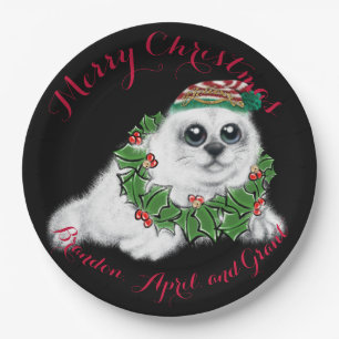 Christmas white seal pup, festive Arctic animal    Paper Plate