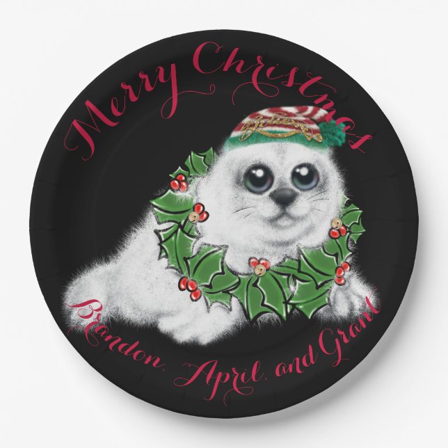 Christmas white seal pup, festive Arctic animal    Paper Plate (Front)