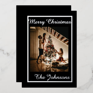 Christmas White  & Silver Simple Modern Photo  Foil Holiday Card