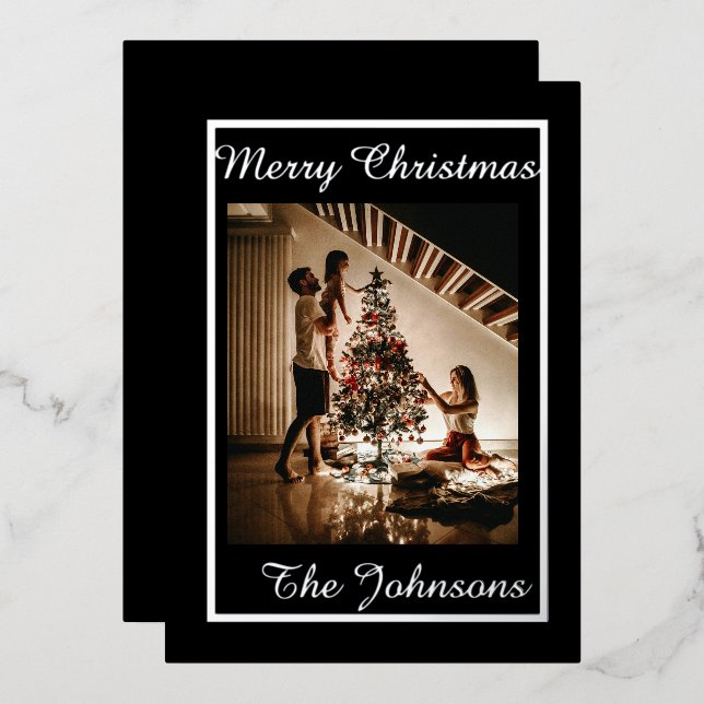 Christmas White  & Silver Simple Modern Photo  Foil Holiday Card (Front/Back)