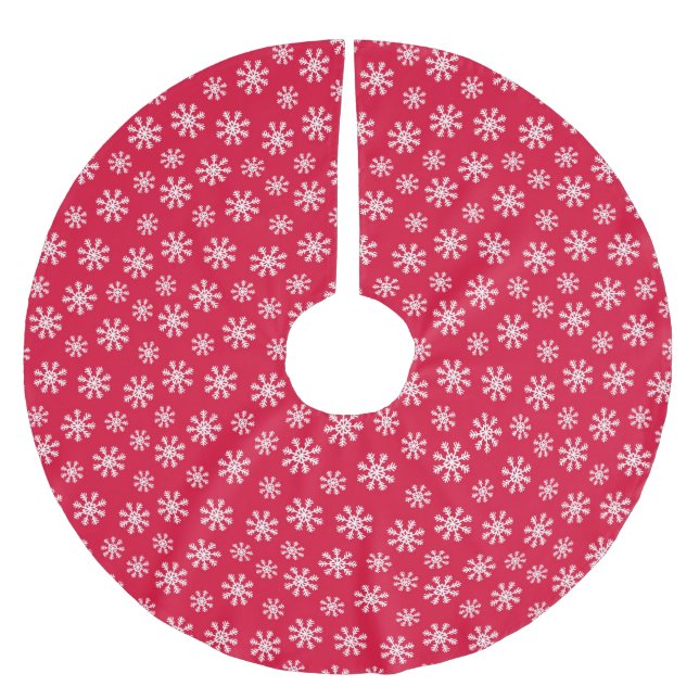 Christmas White Snow on Cherry Red Brushed Polyester Tree Skirt (Front)