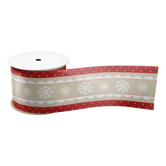 Christmas White Snowflake Red Polka Dot Pattern Satin Ribbon (Spool)