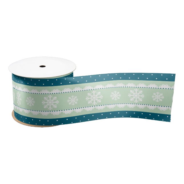 Christmas White Snowflake Teal Polka Dot Pattern Satin Ribbon (Spool)