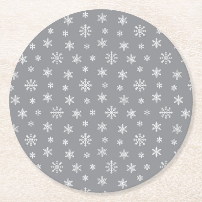 Christmas white snowflakes modern pattern grey round paper coaster (Front)