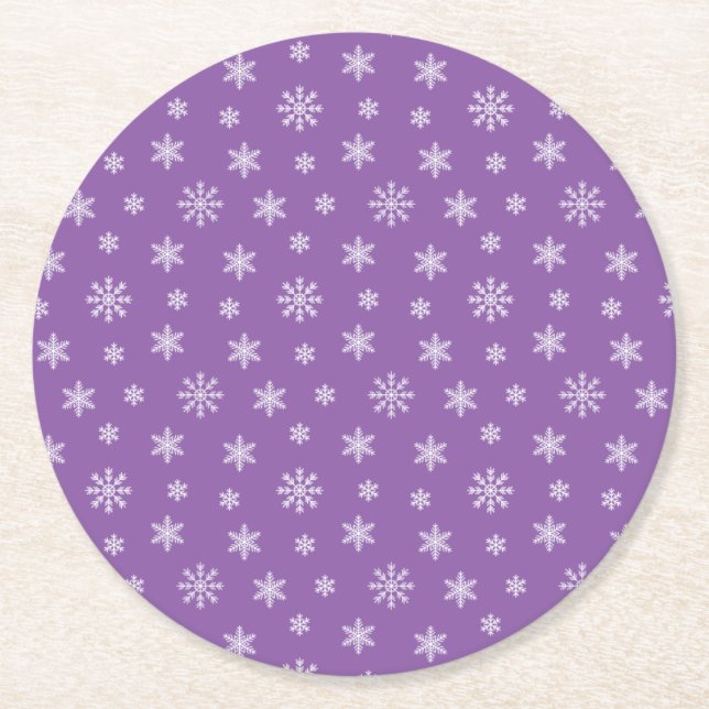 Christmas white snowflakes modern pattern purple round paper coaster (Front)
