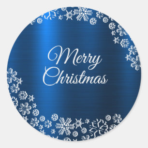 Christmas White Snowflakes Navy Blue  Classic Roun Round Sticker