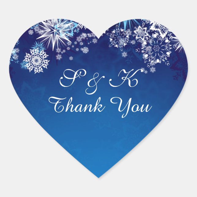 Christmas white snowflakes on blue heart shaped heart sticker (Front)