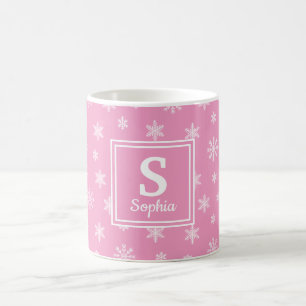 Christmas white snowflakes Pink monogram Coffee Mug