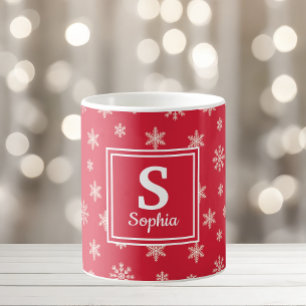 Christmas white snowflakes Red monogram Coffee Mug