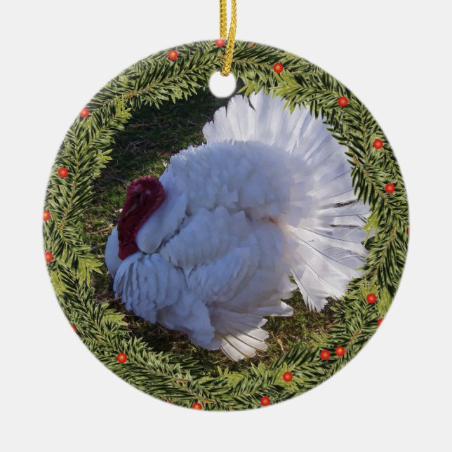 Christmas White Turkey Tom Ceramic Tree Decoration (Front)