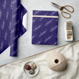 Christmas White Typography Pattern Blue Wrapping Paper