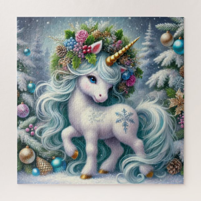 Christmas white unicorn with gold horn jigsaw puzzle (Vertical)