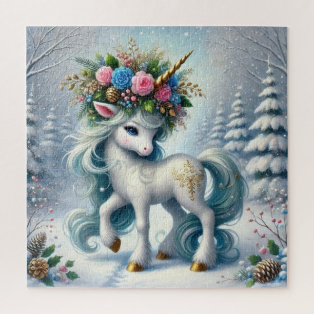 Christmas white unicorn with gold horn jigsaw puzzle (Vertical)