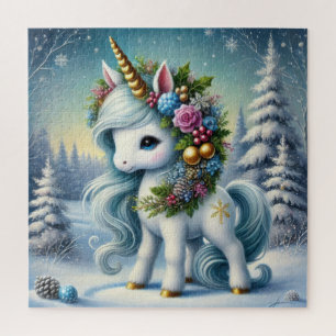 Christmas white unicorn with gold horn jigsaw puzzle