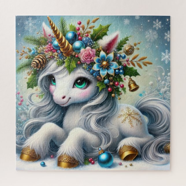 Christmas white unicorn with gold horn jigsaw puzzle (Vertical)