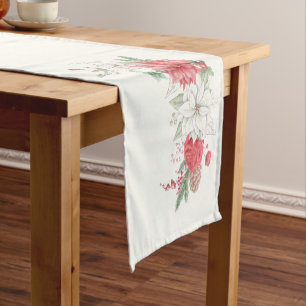Christmas White Watercolor Poinsettia Short Table Short Table Runner