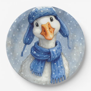 Christmas White Winter Goose With Blue Scarf Paper Plate