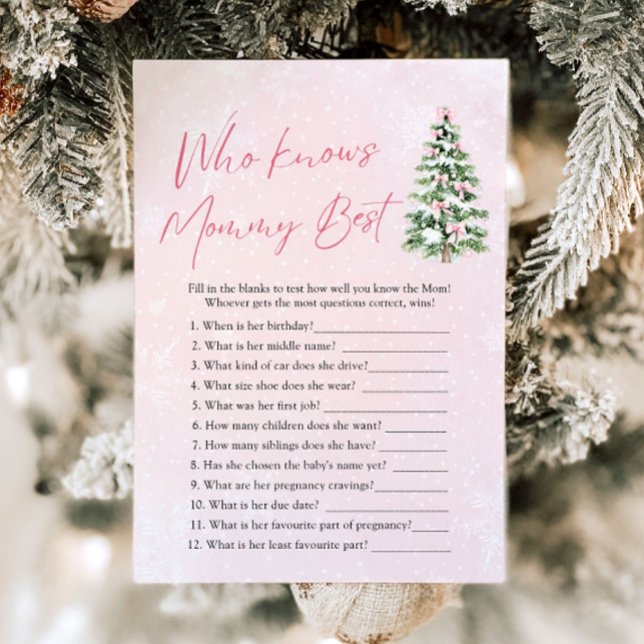 Christmas Who Knows Mummy Best Baby Shower Game Invitation (Pink Bows Christmas Who Knows Mommy Best Baby Shower Game )