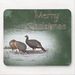 Christmas Wild Turkey in Snowy Field Mouse Mat