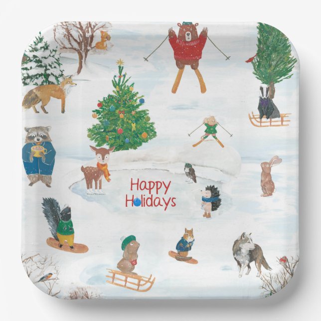 Christmas Wildlife in Snowflakes  Paper Plate (Front)
