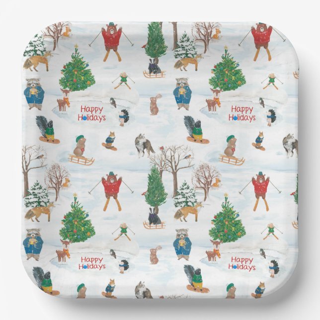 Christmas Wildlife in Snowflakes  Paper Plate (Front)
