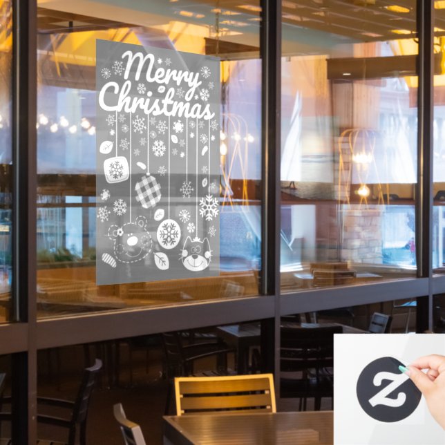 Christmas Window Cling – White Ornaments (Restaurant Window)