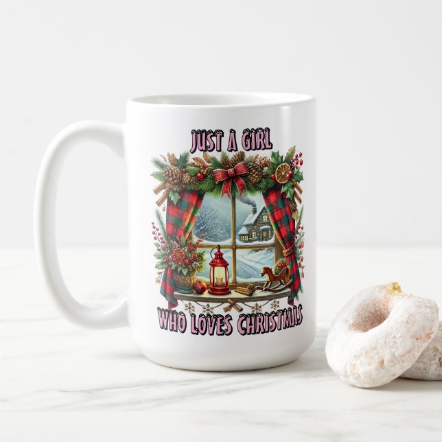 Christmas Window With Festive Decorations and Snow Coffee Mug (With Donut)