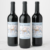 Christmas Wine Bottle Label Blue Present