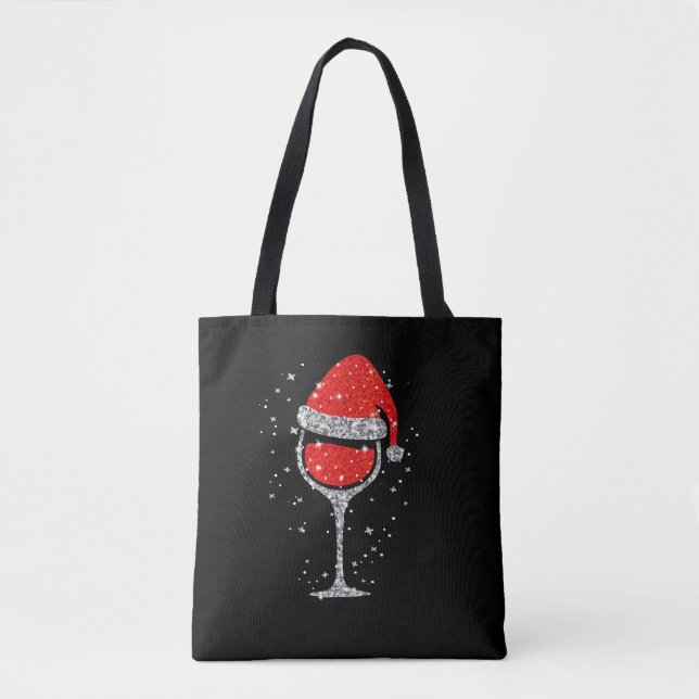 Christmas Wine Glass Snowflakes Santa Hat Red Wine Tote Bag (Front)