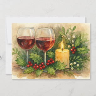 Christmas Wine Glasses Candle Holly & Mistletoe Holiday Card