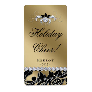 Christmas Wine Label Glitter Leaves Gold Black