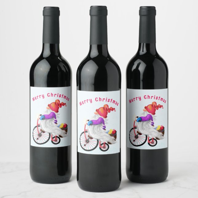Christmas Wine Label Gnome with Bike (Bottles)