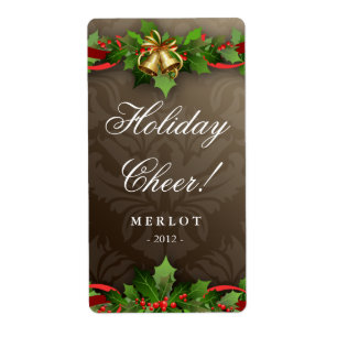 Christmas Wine Label Holly Chocolate Bells Damask