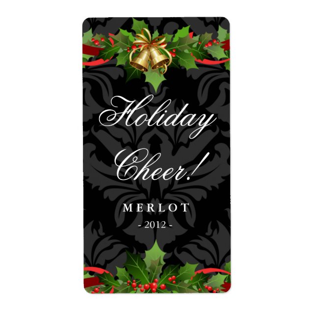 Christmas Wine Label Holly Gold Bells Damask Black (Front)
