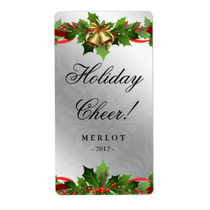 Christmas Wine Label Holly Silver Bells Damask