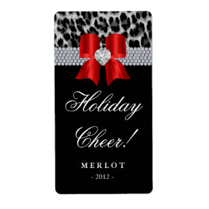Christmas Wine Label Leopard Diamonds Bow