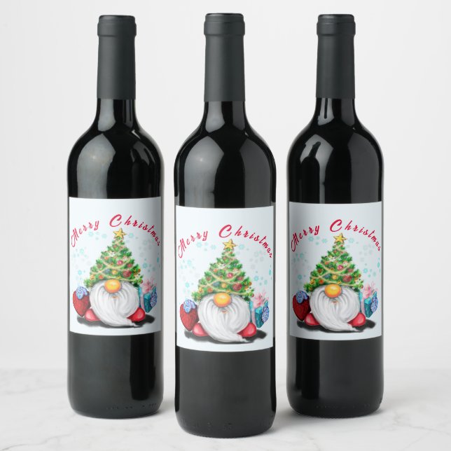 Christmas Wine Label Party Gnome with Gift (Bottles)