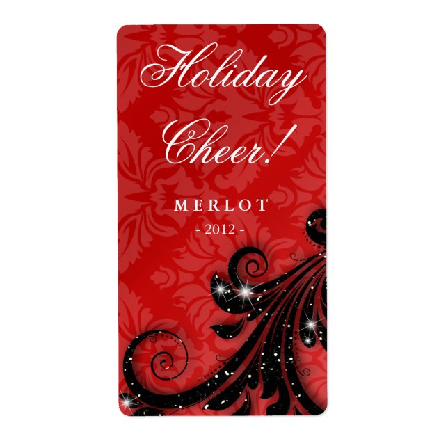 Christmas Wine Label Red Damask Black Swirl (Front)
