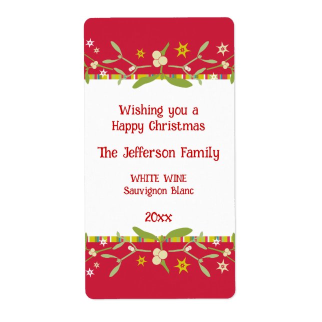 Christmas wine personalized label mistletoe red (Front)