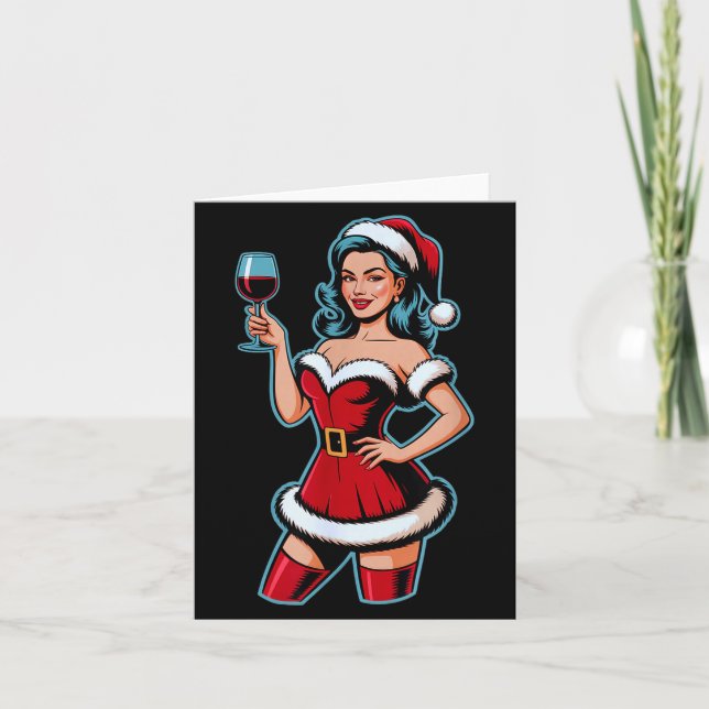 Christmas Wine Santa Girl Holiday Party Funny Vint Card (Front)