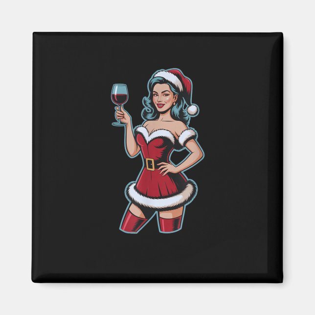 Christmas Wine Santa Girl Holiday Party Funny Vint Magnet (Front)