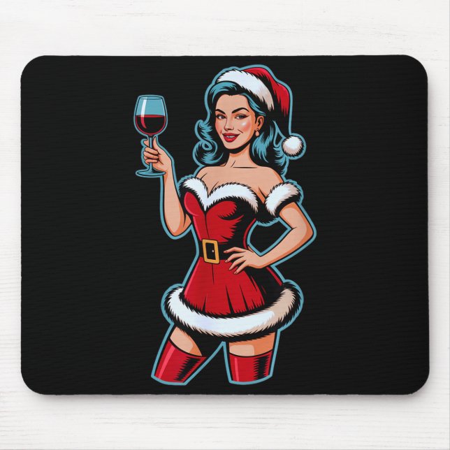 Christmas Wine Santa Girl Holiday Party Funny Vint Mouse Mat (Front)