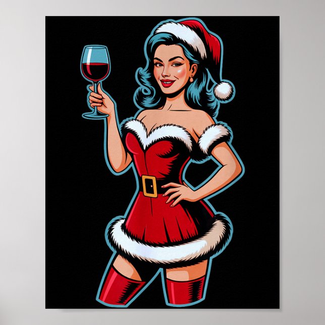 Christmas Wine Santa Girl Holiday Party Funny Vint Poster (Front)